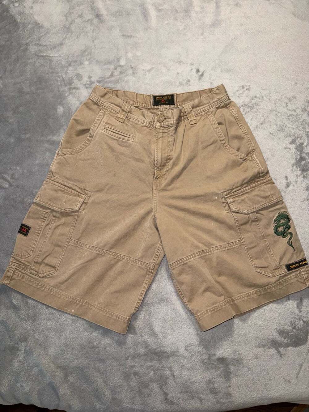 Vintage JNCO Jeans Khaki Cargo Shorts with Embroidered Dragon Motif